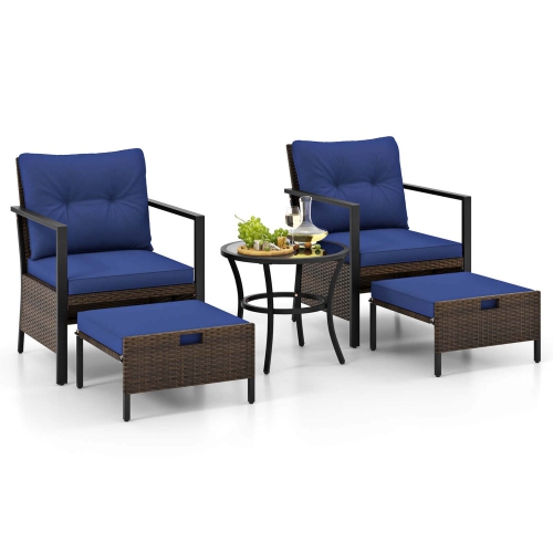 Costway 5 PCS Outdoor Furniture Set Rattan Chairs & Ottomans with Glass Topped Coffee Table