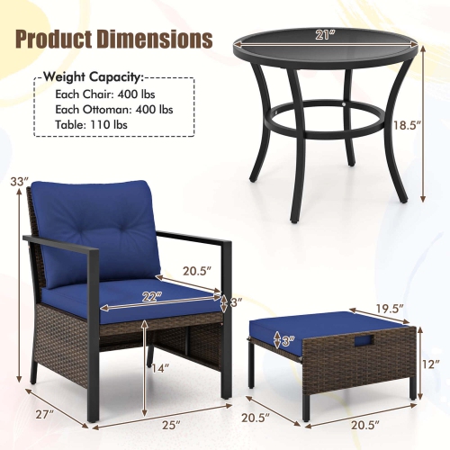 Costway 5 PCS Outdoor Furniture Set Rattan Chairs & Ottomans with Glass Topped Coffee Table