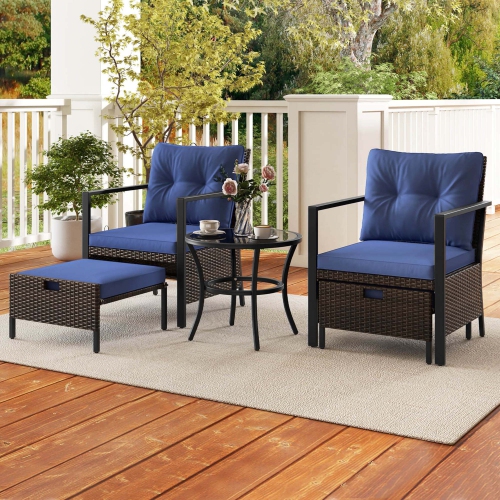 Costway 5 PCS Outdoor Furniture Set Rattan Chairs & Ottomans with Glass Topped Coffee Table