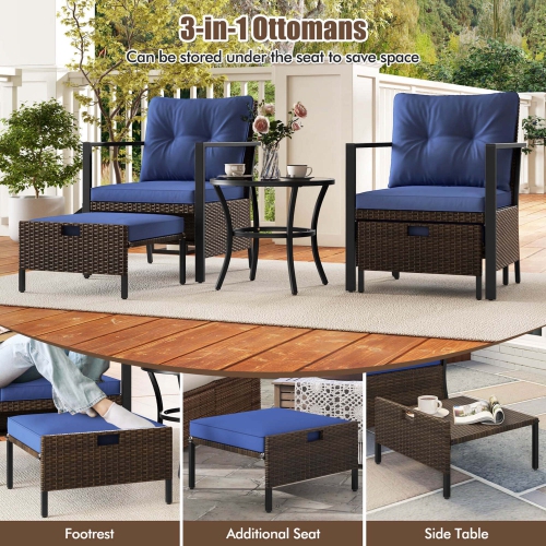 Costway 5 PCS Outdoor Furniture Set Rattan Chairs & Ottomans with Glass Topped Coffee Table