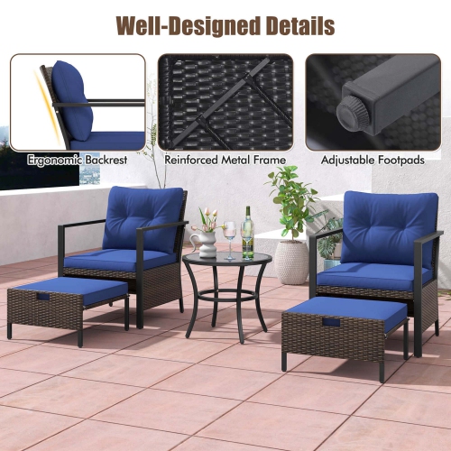 Costway 5 PCS Outdoor Furniture Set Rattan Chairs & Ottomans with Glass Topped Coffee Table