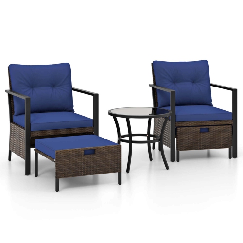 Costway 5 PCS Outdoor Furniture Set Rattan Chairs & Ottomans with Glass Topped Coffee Table