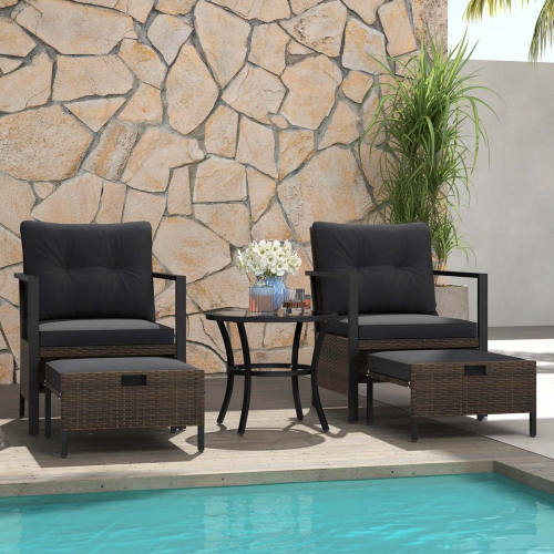 Costway 5 PCS Outdoor Furniture Set Rattan Chairs & Ottomans with Glass Topped Coffee Table