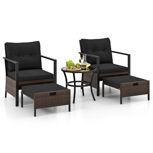 Costway 5 PCS Outdoor Furniture Set Rattan Chairs & Ottomans with Glass Topped Coffee Table