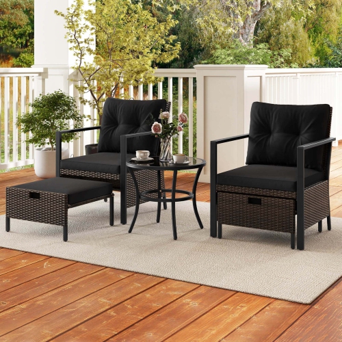 Costway 5 PCS Outdoor Furniture Set Rattan Chairs & Ottomans with Glass Topped Coffee Table