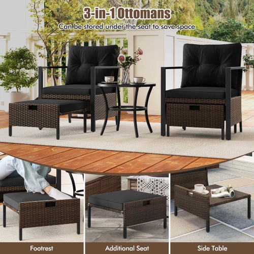 Costway 5 PCS Outdoor Furniture Set Rattan Chairs & Ottomans with Glass Topped Coffee Table