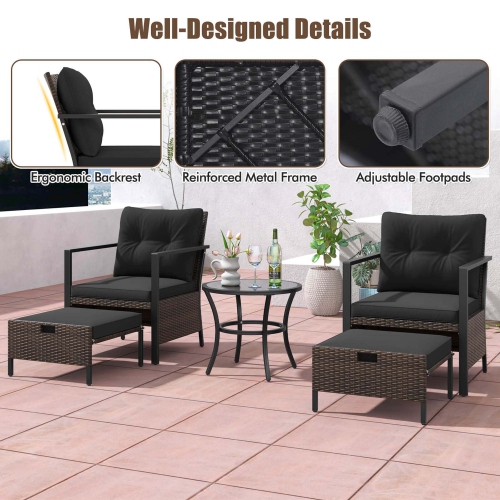 Costway 5 PCS Outdoor Furniture Set Rattan Chairs & Ottomans with Glass Topped Coffee Table
