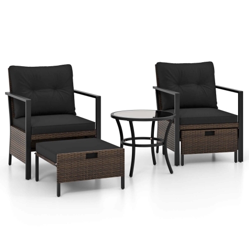 Costway 5 PCS Outdoor Furniture Set Rattan Chairs & Ottomans with Glass Topped Coffee Table