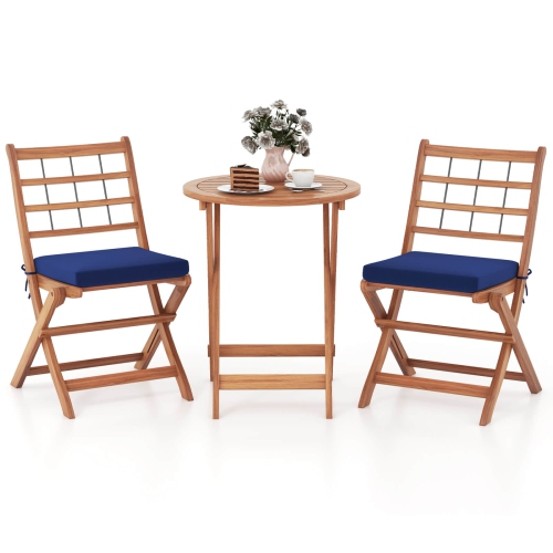 Costway 3 PCS Acacia Wood Patio Bistro Set Folding Outdoor Table and Chairs with Cushions
