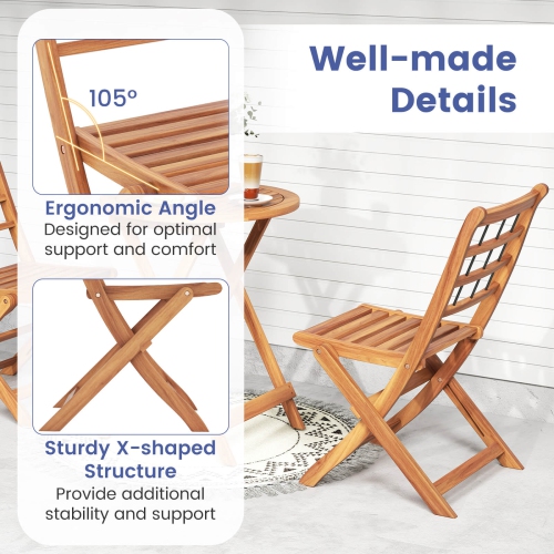 Costway 3 PCS Acacia Wood Patio Bistro Set Folding Outdoor Table and Chairs with Cushions