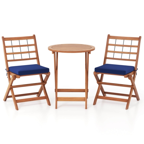 Costway 3 PCS Acacia Wood Patio Bistro Set Folding Outdoor Table and Chairs with Cushions