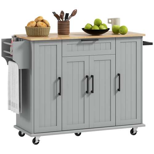 Image 1 de 9.. HOMCOM – îlot de cuisine avec rangement, chariot de cuisine roulant avec dessus en hévéa, tiroir, support à épices, porte-serviettes, armoire de