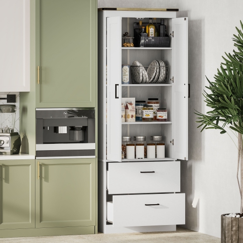 HOMCOM 67" Tall Kitchen Pantry Cabinet, Farmhouse Freestanding Buffet Storage Cabinet with Doors, Drawers and Adjustable Shelves, Cream White Wood