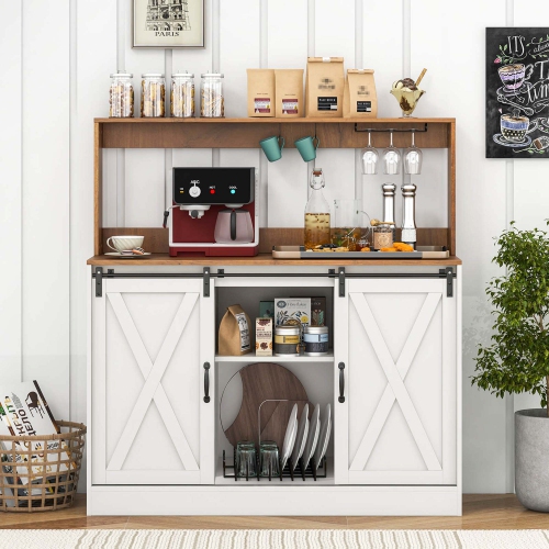 Costway 47.5" Farmhouse Coffee Bar Cabinet with Charging Station Glass Cup Holders Hutch