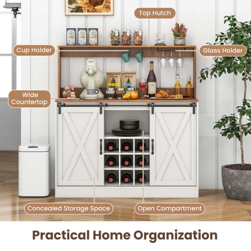 Costway 47.5" Farmhouse Coffee Bar Cabinet with Charging Station Glass Cup Holders Hutch