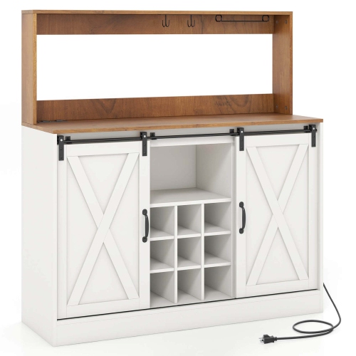 Costway 47.5" Farmhouse Coffee Bar Cabinet with Charging Station Glass Cup Holders Hutch