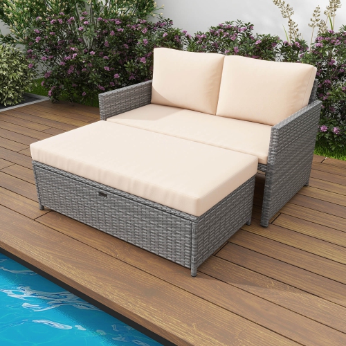 Costway 2 PCS Patio Loveseat with 31 Gal Multifunctional Storage Ottoman and Soft Cushions