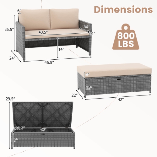 Costway 2 PCS Patio Loveseat with 31 Gal Multifunctional Storage Ottoman and Soft Cushions