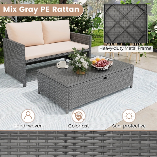 Costway 2 PCS Patio Loveseat with 31 Gal Multifunctional Storage Ottoman and Soft Cushions