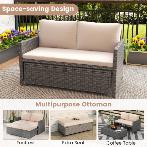 Costway 2 PCS Patio Loveseat with 31 Gal Multifunctional Storage Ottoman and Soft Cushions