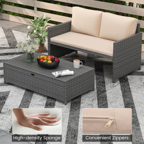Costway 2 PCS Patio Loveseat with 31 Gal Multifunctional Storage Ottoman and Soft Cushions