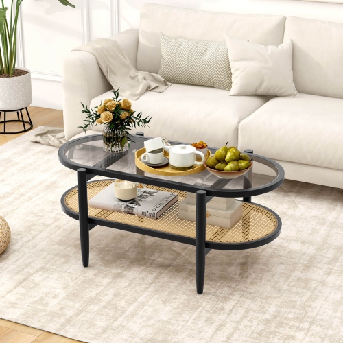 Costway 2-Tier Coffee Table Tempered Glass Top with PE Rattan Shelf & Acacia Wood Frame
