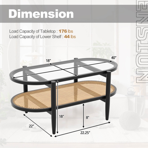 Costway 2-Tier Coffee Table Tempered Glass Top with PE Rattan Shelf & Acacia Wood Frame