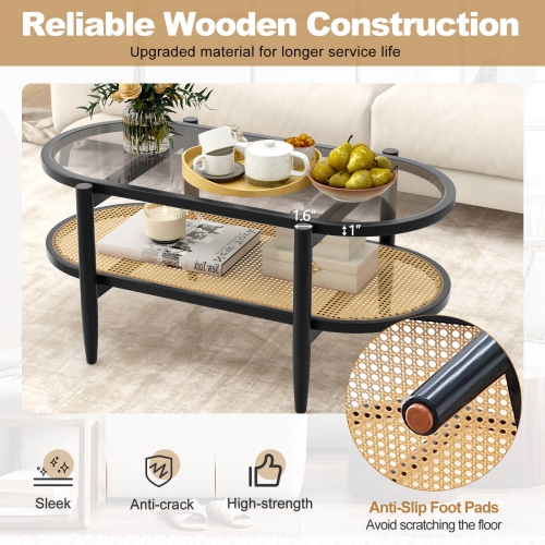 Costway 2-Tier Coffee Table Tempered Glass Top with PE Rattan Shelf & Acacia Wood Frame