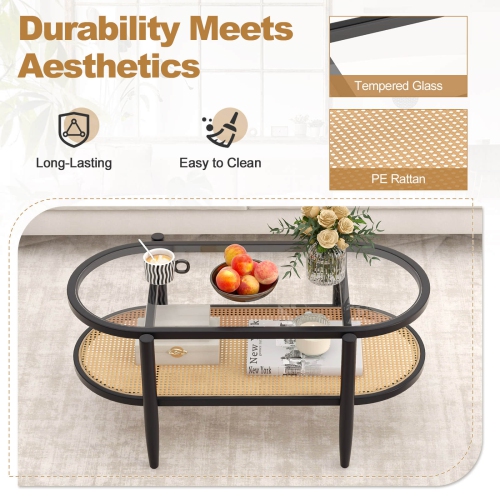 Costway 2-Tier Coffee Table Tempered Glass Top with PE Rattan Shelf & Acacia Wood Frame