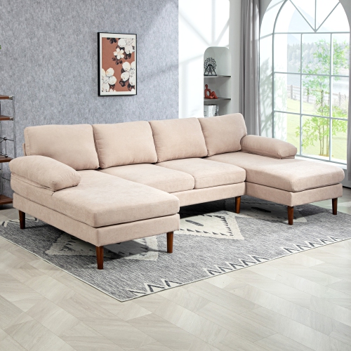 HOMCOM – Sofa modulaire en coin 4 places avec chaise longue double, canapé moderne en U avec pattes et accoudoirs en bois, canapé en tissu pour