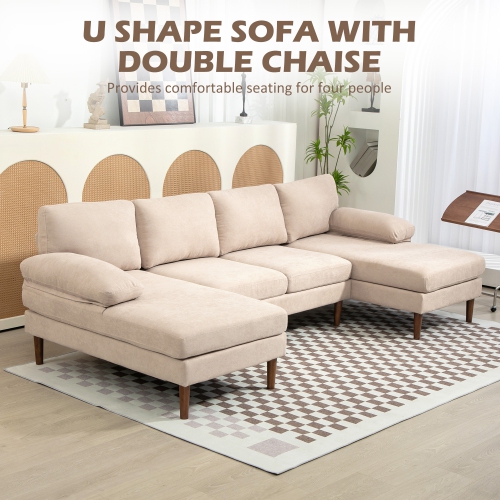 HOMCOM – Sofa modulaire en coin 4 places avec chaise longue double, canapé moderne en U avec pattes et accoudoirs en bois, canapé en tissu pour