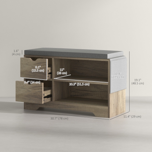 Banc à chaussures de HOMCOM avec rangement, banc d'entrée moderne rembourré avec tablettes ouvertes, tiroirs, pochette et coussin rembourré pour