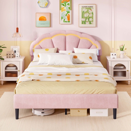 Costway Queen Size Upholstered LED Bed Frame Soft Velvet Platform Bed with Flower Headboard