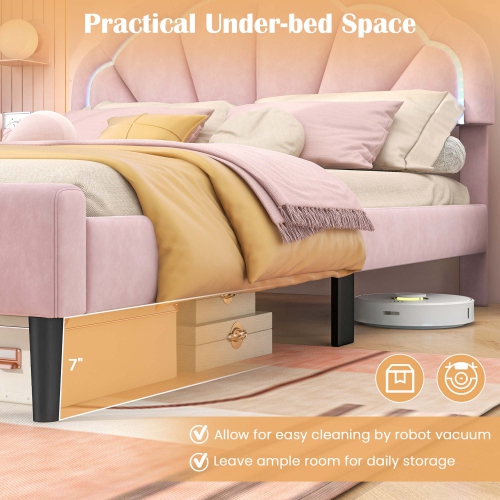 Costway Queen Size Upholstered LED Bed Frame Soft Velvet Platform Bed with Flower Headboard