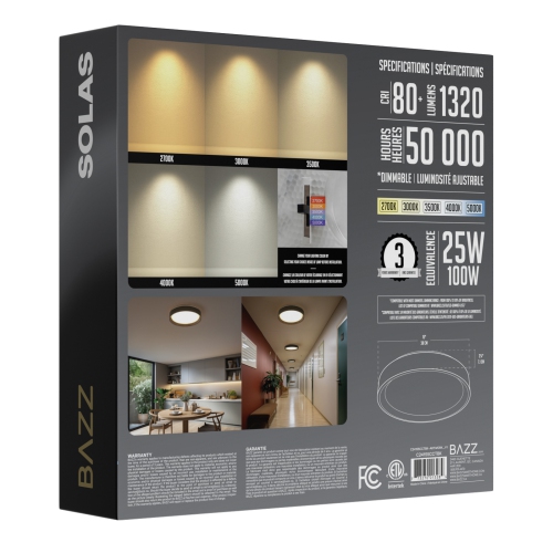 BAZZ SOLAS – Plafonnier encastré à DEL de 15 po, intensité réglable, 1320 lumens, température de couleur réglable, efficacité énergétique 25 W,