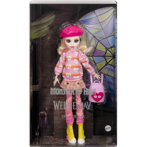 MONSTER HIGH  Limited Edition Wednesday Doll And Accessories, Enid Sinclair Collectible In Fashion With Beret And Backpack, Doll Stand In Pink