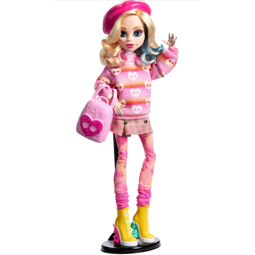 LIMITED EDITION Monster High Wednesday Doll and Accessories, Enid Sinclair Collectible in Pink Fashion with Beret and Backpack, Doll Stand