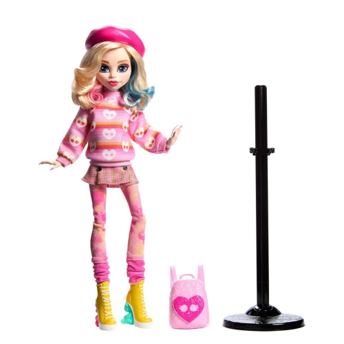 LIMITED EDITION Monster High Wednesday Doll and Accessories, Enid Sinclair Collectible in Pink Fashion with Beret and Backpack, Doll Stand