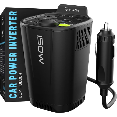 Inskin 150W Car Power Inverter, Cup Holder DC 12V to 110V Converter with 2 AC Outlets, 1 PD USB-A & 2 PD USB-C Charging Ports, 1 Cigarette Lighter So