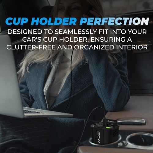 Inskin 150W Car Power Inverter, Cup Holder DC 12V to 110V Converter with 2 AC Outlets, 1 PD USB-A & 2 PD USB-C Charging Ports, 1 Cigarette Lighter