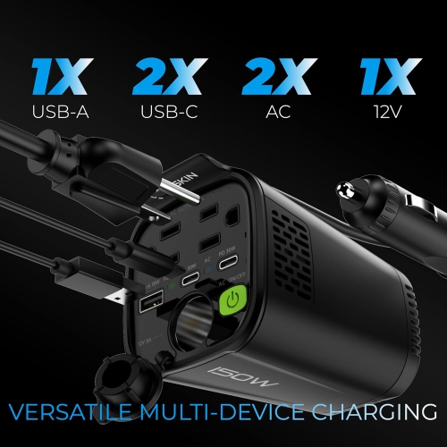 Inskin 150W Car Power Inverter, Cup Holder DC 12V to 110V Converter with 2 AC Outlets, 1 PD USB-A & 2 PD USB-C Charging Ports, 1 Cigarette Lighter
