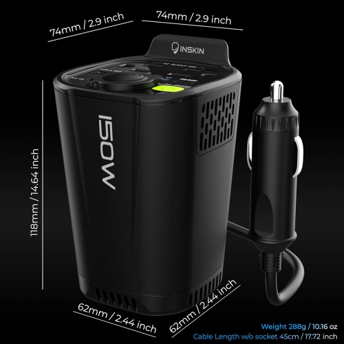 Inskin 150W Car Power Inverter, Cup Holder DC 12V to 110V Converter with 2 AC Outlets, 1 PD USB-A & 2 PD USB-C Charging Ports, 1 Cigarette Lighter