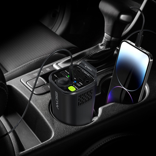 Inskin 150W Car Power Inverter, Cup Holder DC 12V to 110V Converter with 2 AC Outlets, 1 PD USB-A & 2 PD USB-C Charging Ports, 1 Cigarette Lighter
