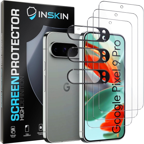 Inskin Screen Protector for Google Pixel 9 Pro – 3-Pack Tempered Glass for Screen & 3-Pack for Camera Lens, Fingerprint ID Support