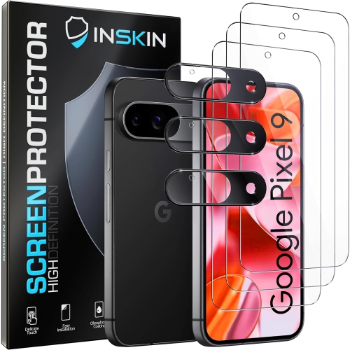 Inskin Screen Protector for Google Pixel 9 – 3-Pack Tempered Glass for Screen & 3-Pack for Camera Lens, Fingerprint ID Support