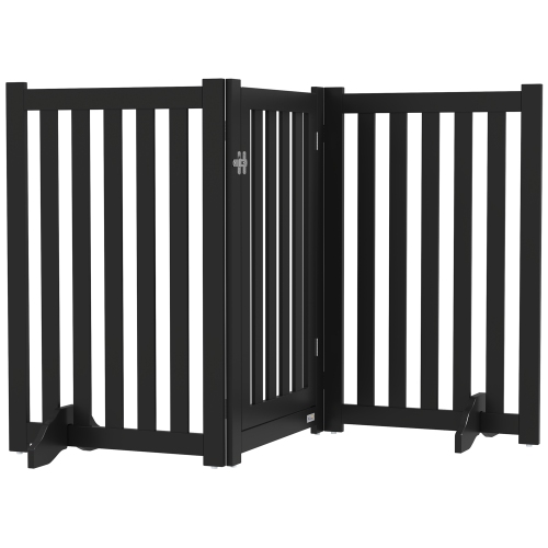 PawHut Foldable Dog Gate with Door, 3 Panels Freestanding Pet Gate with Support Feet Indoor Playpen for Medium Dogs and Below, Black