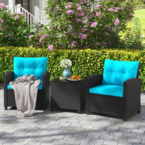 COSTWAY  3 PCs Patio Furniture Set With Tempered Glass Coffee Table Washable Cushions