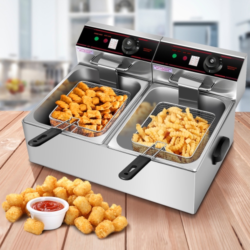 Costway Commercial Deep Fryer, 3400W Electric Countertop Fryer with Dual Large Tanks, 2 Baskets & 2 Lids, Stainless Steel Hot Oil Cooker with