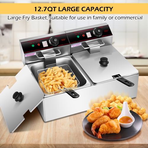 Costway Commercial Deep Fryer, 3400W Electric Countertop Fryer with Dual Large Tanks, 2 Baskets & 2 Lids, Stainless Steel Hot Oil Cooker with
