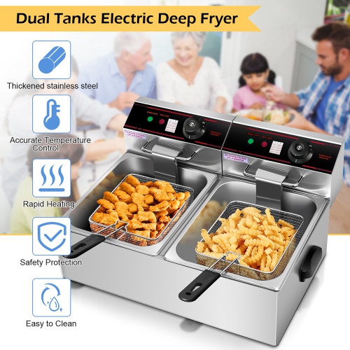 Costway Commercial Deep Fryer, 3400W Electric Countertop Fryer with Dual Large Tanks, 2 Baskets & 2 Lids, Stainless Steel Hot Oil Cooker with